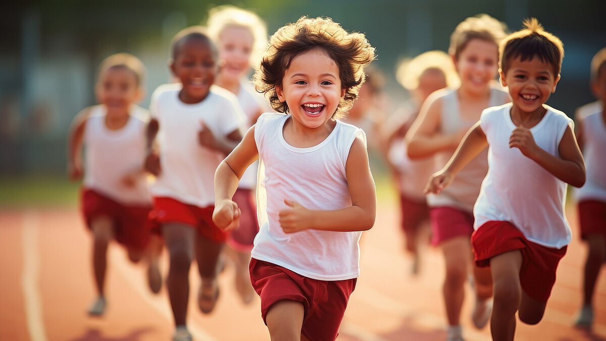 Eine Gruppe von Kindern, die auf einer Laufbahn laufen